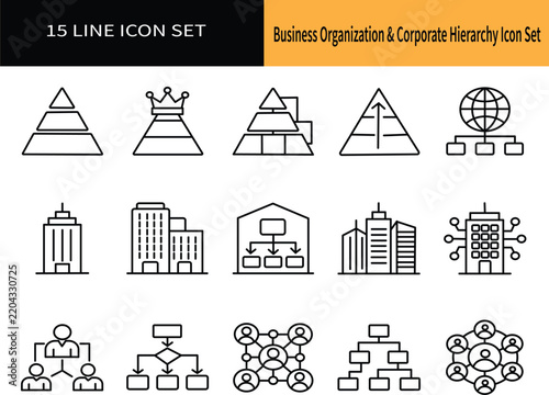 Set of organization structure icons, business hierarchy, corporate management, team workflow, company chart, vector illustration, linear design elements for business presentation and web design