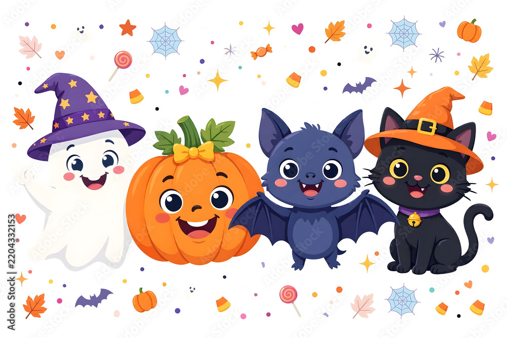 Obraz premium Cartoon ghost pumpkin bat and cat characters with halloween elements on transparent background