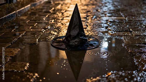 Witch hat lies in a puddle.