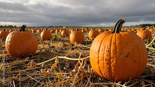 Pumpkins grow on the farm field.
