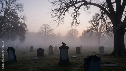 Raven sits on a stone grave.