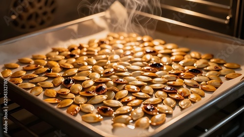 Pumpkin seeds bake on a tray.