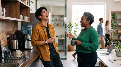Diverse coworkers laughing during casual coffee break in modern office kitchen with stylish interior design and warm lighting, capturing authentic workplace camaraderie.
