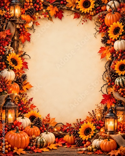 Autumn Harvest Frame with Pumpkins and Sunflowers
