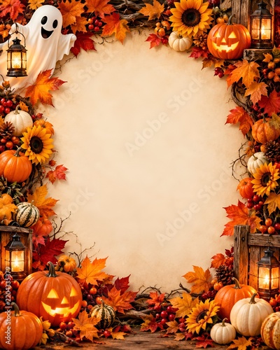 Halloween Autumn Frame with Ghost and Pumpkins