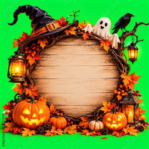 Halloween Wooden Sign with Pumpkins Ghost and Witch Hat