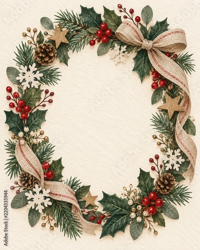 Tapety artystyczne 手描きのリースと無地のメッセージ欄を描いた縦型クリスマスカード