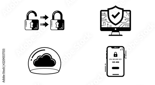 Biometric security and cloud vault icons set with fingerprint scan and encryption vector illustration   