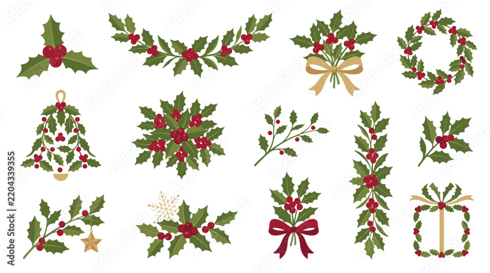 Fototapeta premium Collection of festive christmas wreaths and decorations with holly and ribbons