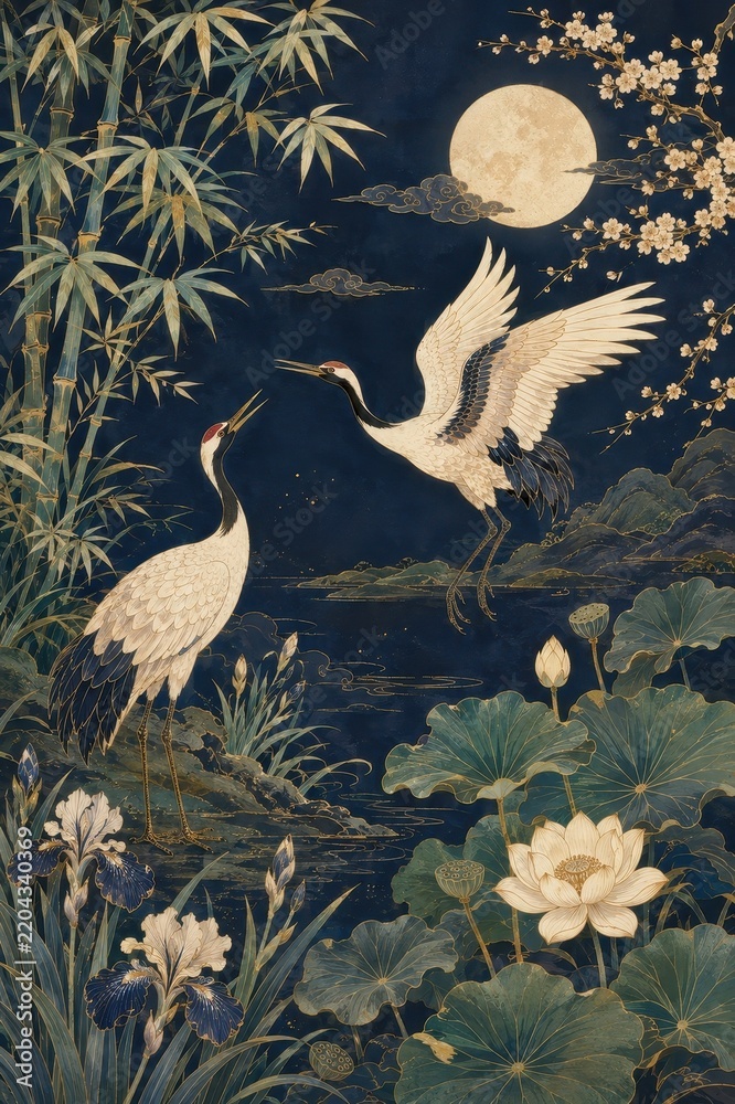 Obraz premium Japanese-style cranes, bamboo, lotus flowers, moonlit lake