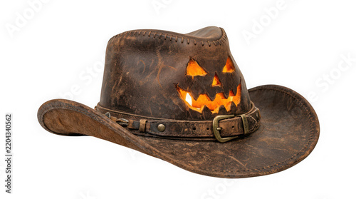 Distressed leather cowboy hat with glowing carved jackolantern face isolated on transparent background