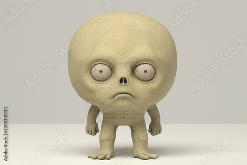 Sad little alien character with large head and bloodshot eyes 3D render