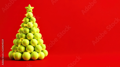 Creative Christmas tree made of tennis balls with a star and lights on a red background. Perfect for holiday sports promotions, tennis club ads, festive event banners, and greeting cards.