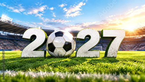 Numbers 2027 and a soccer ball on a green football field in a stadium, lit by morning sun and crowd. Perfect for sports event ads, football promotions, tournament banners, and calendar designs.