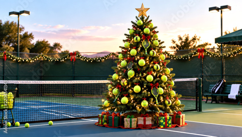 Christmas tree decorated with tennis balls, rackets, garlands and gifts stands on a tennis court at sunset. Perfect for sports club promos, seasonal ads, festive greetings, and event banners.