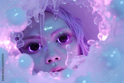 Surreal portrait of a person with glowing bioluminescent eyes framed by translucent liquid bubble textures