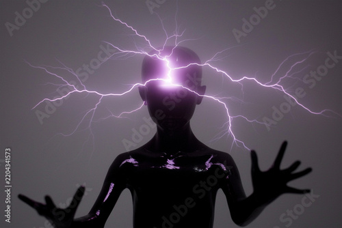 Abstract conceptual art of a dark silhouette figure channeling purple lightning bolts from forehead representing psychic energy and mental power