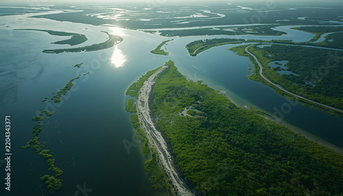 Aerial View of a Pristine Coastal Mangrove Wetland Ecosystem.