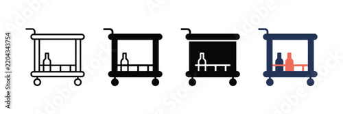 Bar cart vector graphic illustration featuring multiple drink trolley icon styles in outline and solid design variations