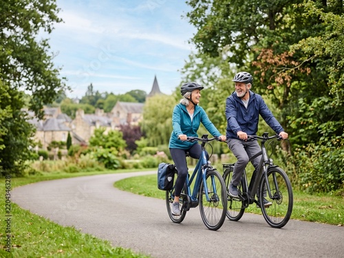 A happy elderly couple cycling on a scenic path through a quaint village. They are both wearing helmets and cycling gear, and appear to be enjoying a leisurely ride together