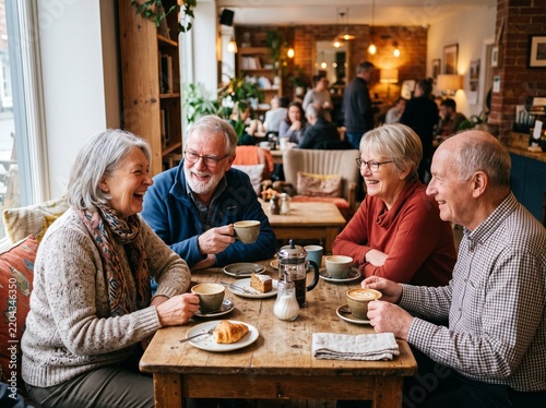 Four senior friends enjoying coffee and cake together in a cozy cafe. They are laughing and engaged in conversation, creating a warm and friendly atmosphere