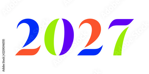 Modern 2027 number design with bold abstract geometric shapes in blue, orange, green and purple. Colorful vector illustration for New Year celebration, calendar, poster and greeting design.