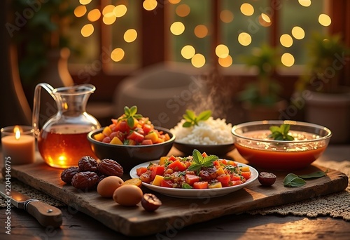 Fasting Sunset Indulgence Iftar Meal with Dates, Water, and Savory Dishes Layout