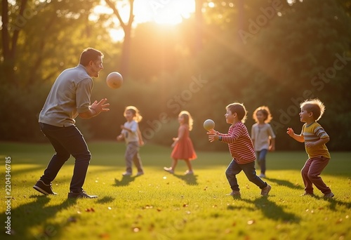 Father and Kids Engaged in Playful Catch Game Relaxing Afternoon on the Lawn