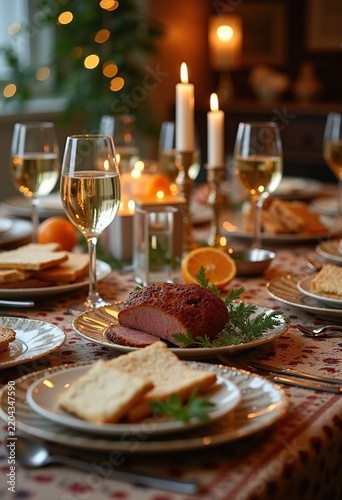 Elegant Passover Seder Table Setting with Traditional Foods and Artfully Arranged Components