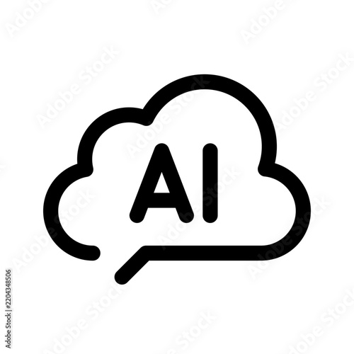 Minimal black outline cloud icon with AI letters in the center. Simple artificial intelligence and cloud computing symbol for digital technology, automation and online services