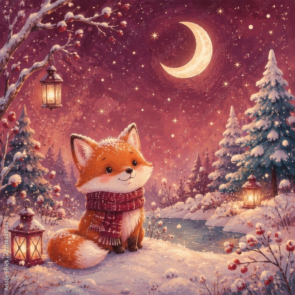 Fototapeta premium Cute fox in snowy forest beneath crescent moon