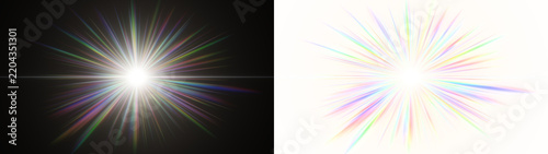Soft rainbow starburst lens flare with horizontal glint shown on black and on transparent background