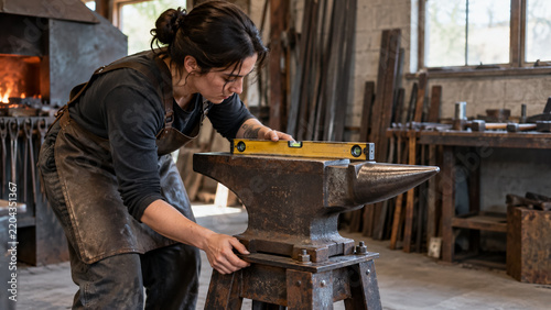 Female metalsmith leveling heavy anvil on steel stand with spirit level tool in workshop. Concept of blacksmith, forge, metalworker, craftsman.