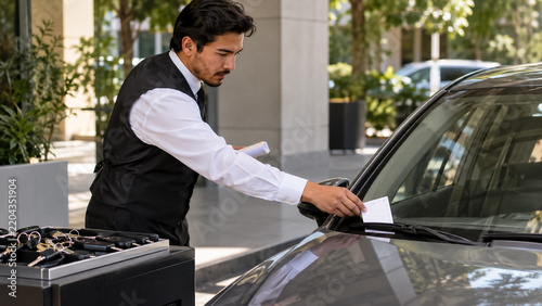 Professional valet parking attendant placing claim ticket on car windshield near hotel entrance. Concept of valet service, luxury hotel.