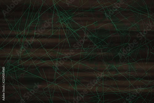 Dark brown background with messy criss-cross green lines and subtle
