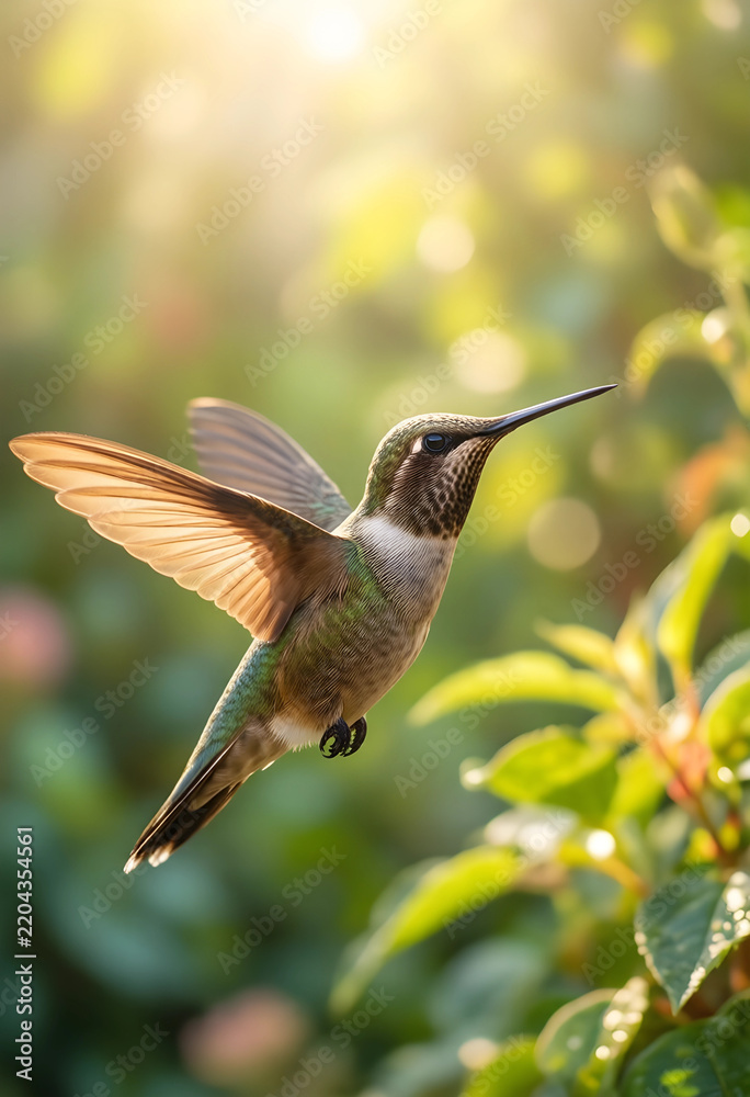 Fototapeta premium Biodiversity and nature conservation, hummingbird in flight with wings spread in a garden, wildlife photography and environmental protection
