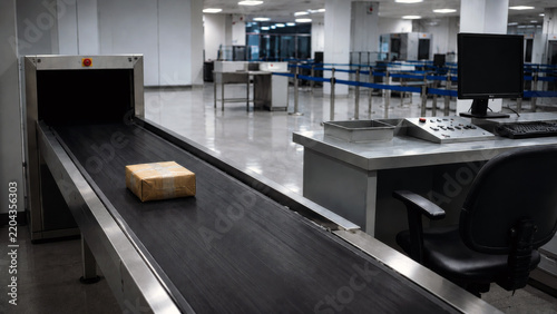 Small parcel moving through an airport security X-ray scanner on a conveyor belt in an empty inspection area