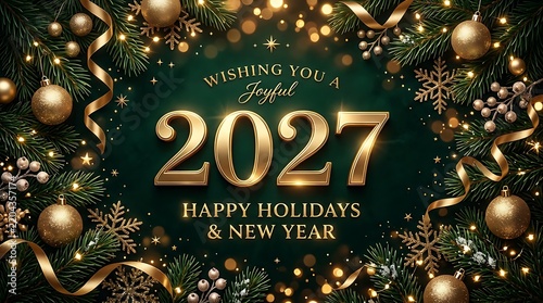 Elegant golden 2027 new year greeting card design featuring a festive pine wreath with glowing lights and decorative ornaments on dark background