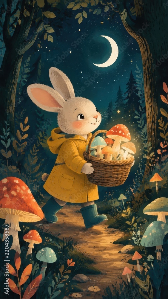 Fototapeta premium Whimsical storybook mobile wallpaper, rabbit carrying mushrooms beneath crescent moon