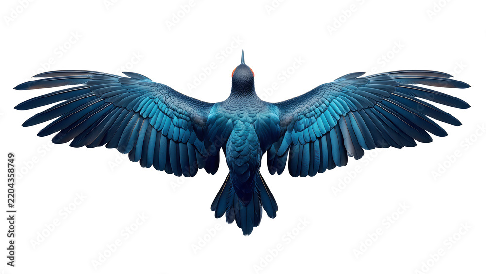 Fototapeta premium Top-down view of a blue bird in flight with wings spread., PNG