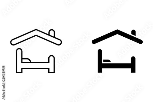 Hotel room and accommodation icon set with house and bed symbols in outline and solid styles