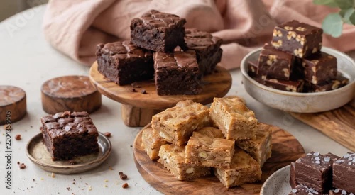 Assorted bite-sized brownies, blondies, fudges and caramel squares arranged on wooden boards and ceramic bowls
