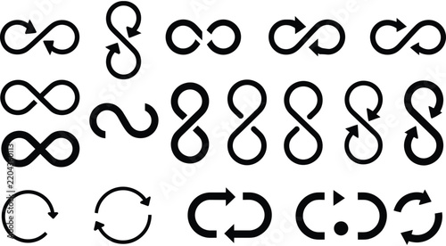 Collection of black infinity and circular rotation arrow icons featuring loop recycle sign and reload symbol on white background