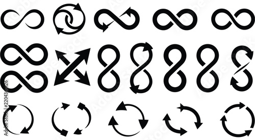 Collection of black infinity and circular rotation arrow icons featuring loop recycle sign and reload symbol on white background