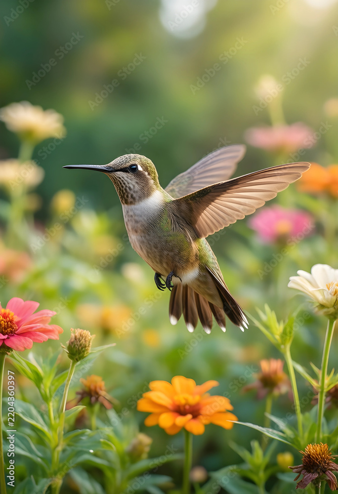 Fototapeta premium Biodiversity and nature conservation, hummingbird hovering over colorful garden flowers in summer sunlight for environmental and wildlife protection