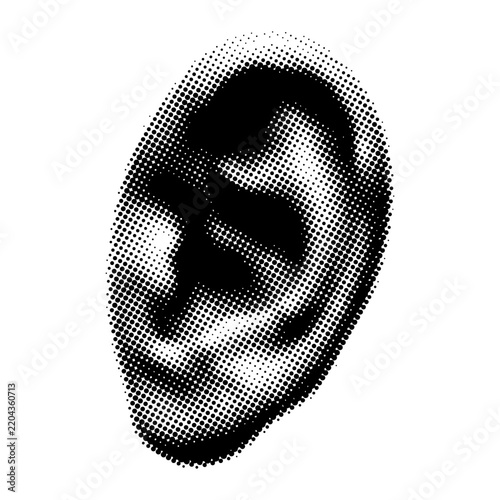 Punk halftone collage human ear element, retro pop art style dotted ear background, vintage grunge mixed media graphic art, black and white bitmap vector.
