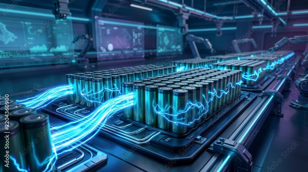 Fototapeta premium Modern automated production line assembling cylindrical lithium-ion battery packs with glowing electrical energy streams in a high-tech smart gigafactory.