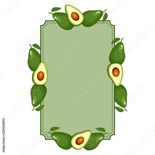 Avocado frame border with whole and sliced fruits for menu design