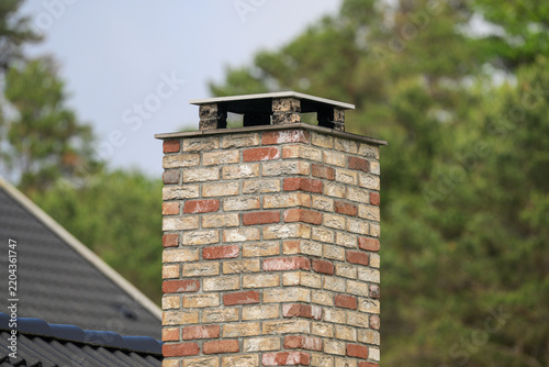 Close view of weathered brick chimney against trees.