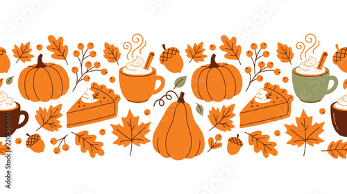 Seamless horizontal border with pumpkins, slices of pumpkin pie, hot drinks, acorns, and autumn leaves on a white background